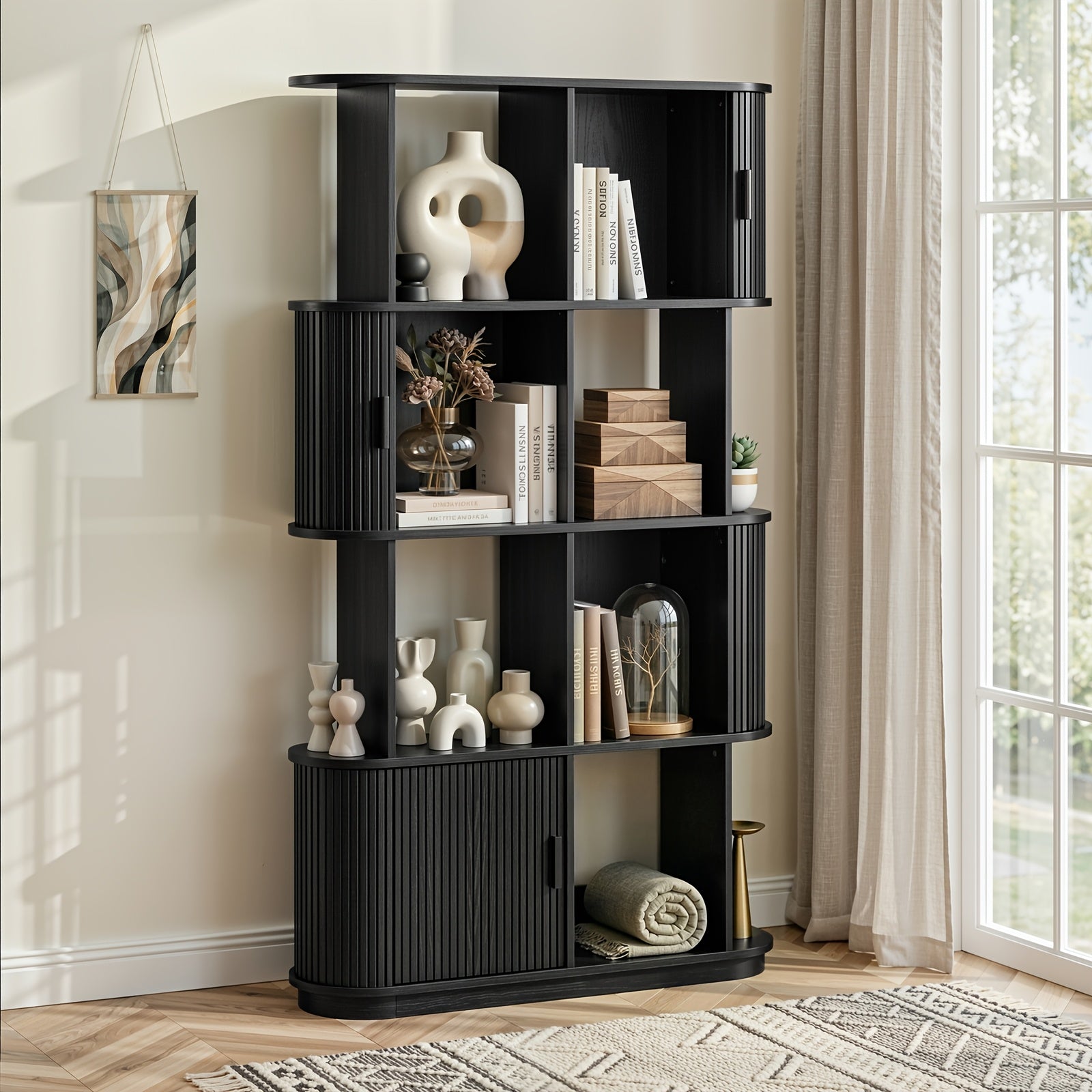 71-Inch Four-Tier Open Bookshelf, Modern Style Sliding Door Storage Shelf, Multifunctional Bookcase Suitable for Offices, Studies, And Living Rooms