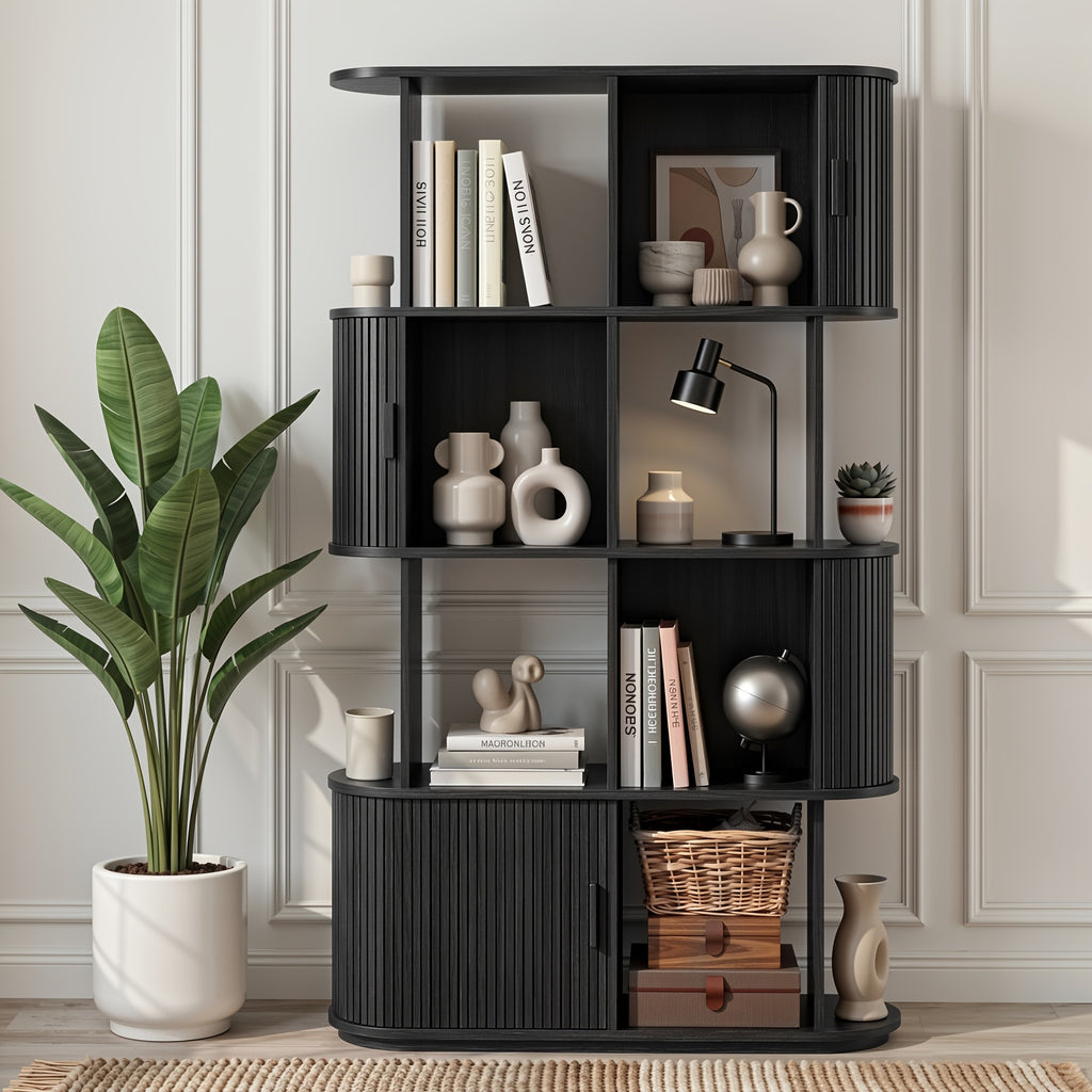 71-Inch Four-Tier Open Bookshelf, Modern Style Sliding Door Storage Shelf, Multifunctional Bookcase Suitable for Offices, Studies, And Living Rooms