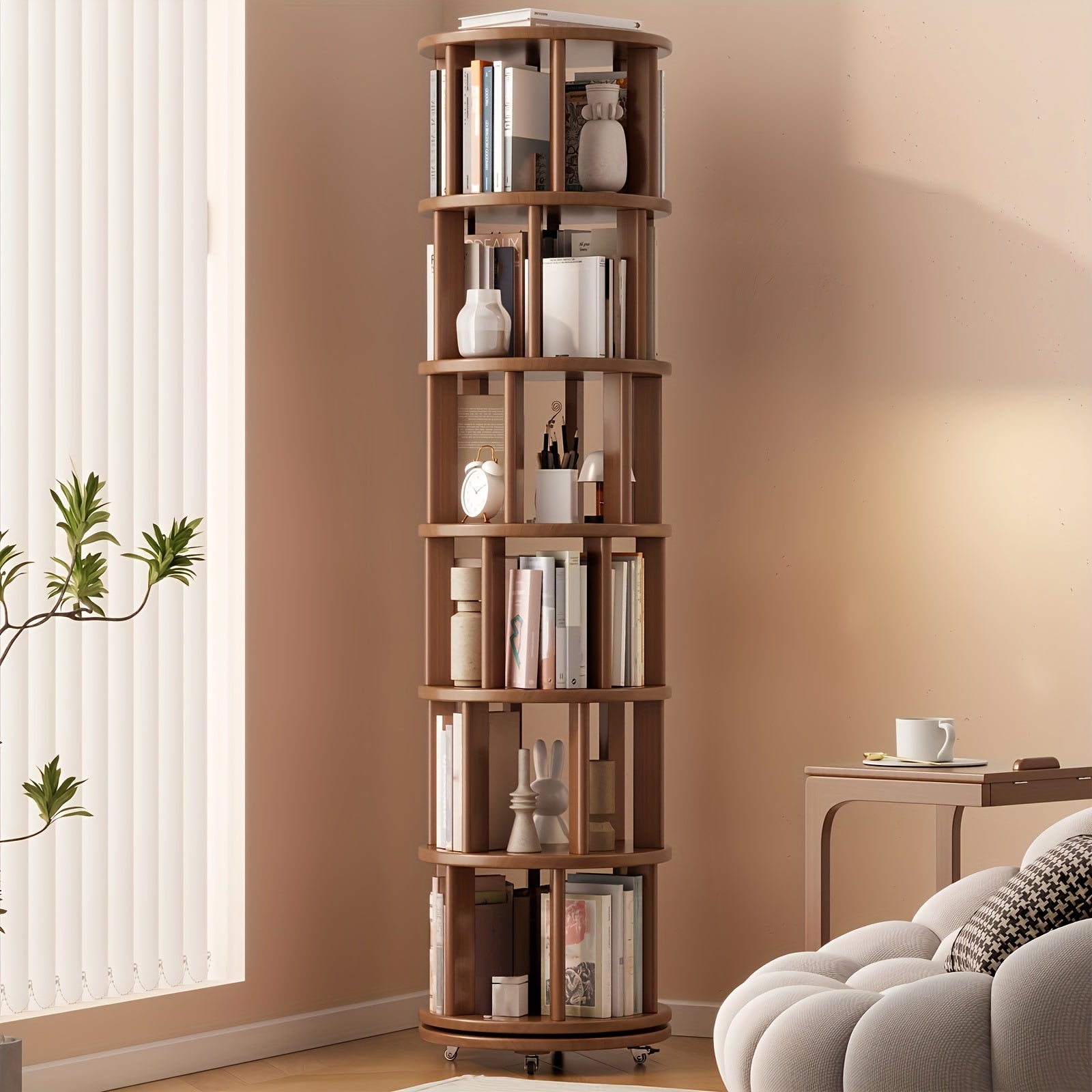 A 4\u002F6-Layer Solid Wood Bookshelf Storage Cabinet That Rotates 360°. This Festive Living Room Furniture Comes with Limited-Time Special Deals. Available in Three Styles