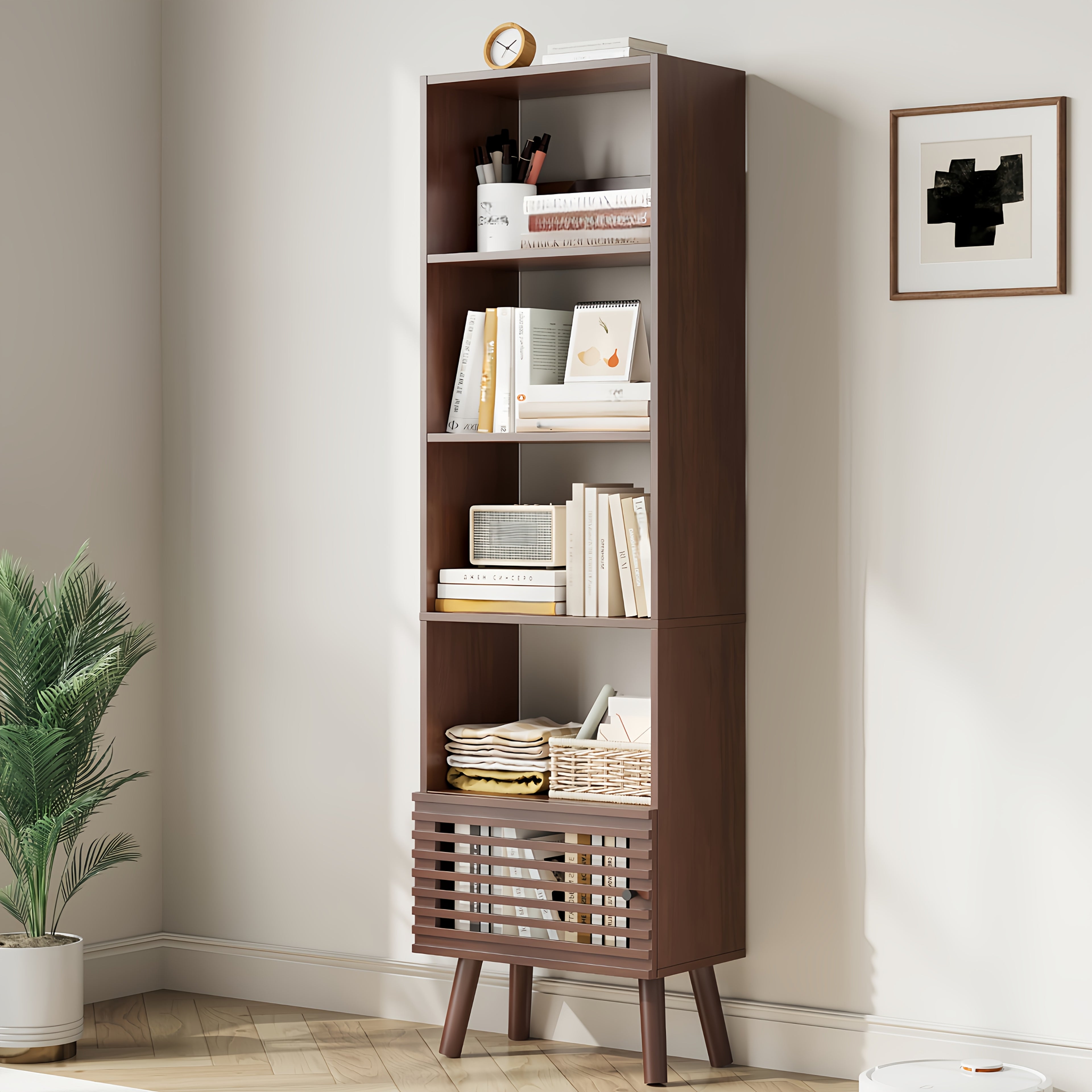 5-Cube Modern Narrow Corner Bookcase with Slatted Door - 68\