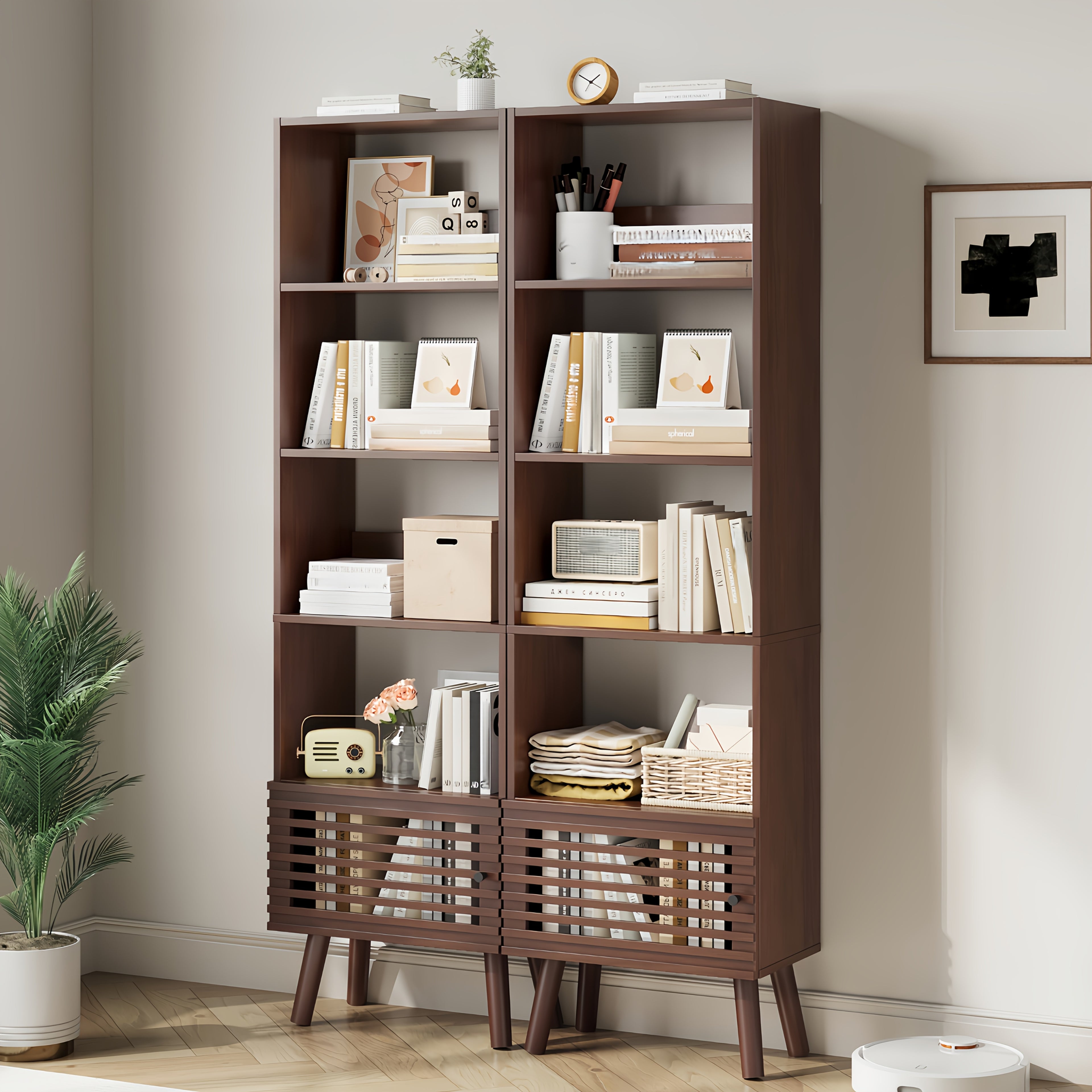 5-Cube Modern Narrow Corner Bookcase with Slatted Door - 68\