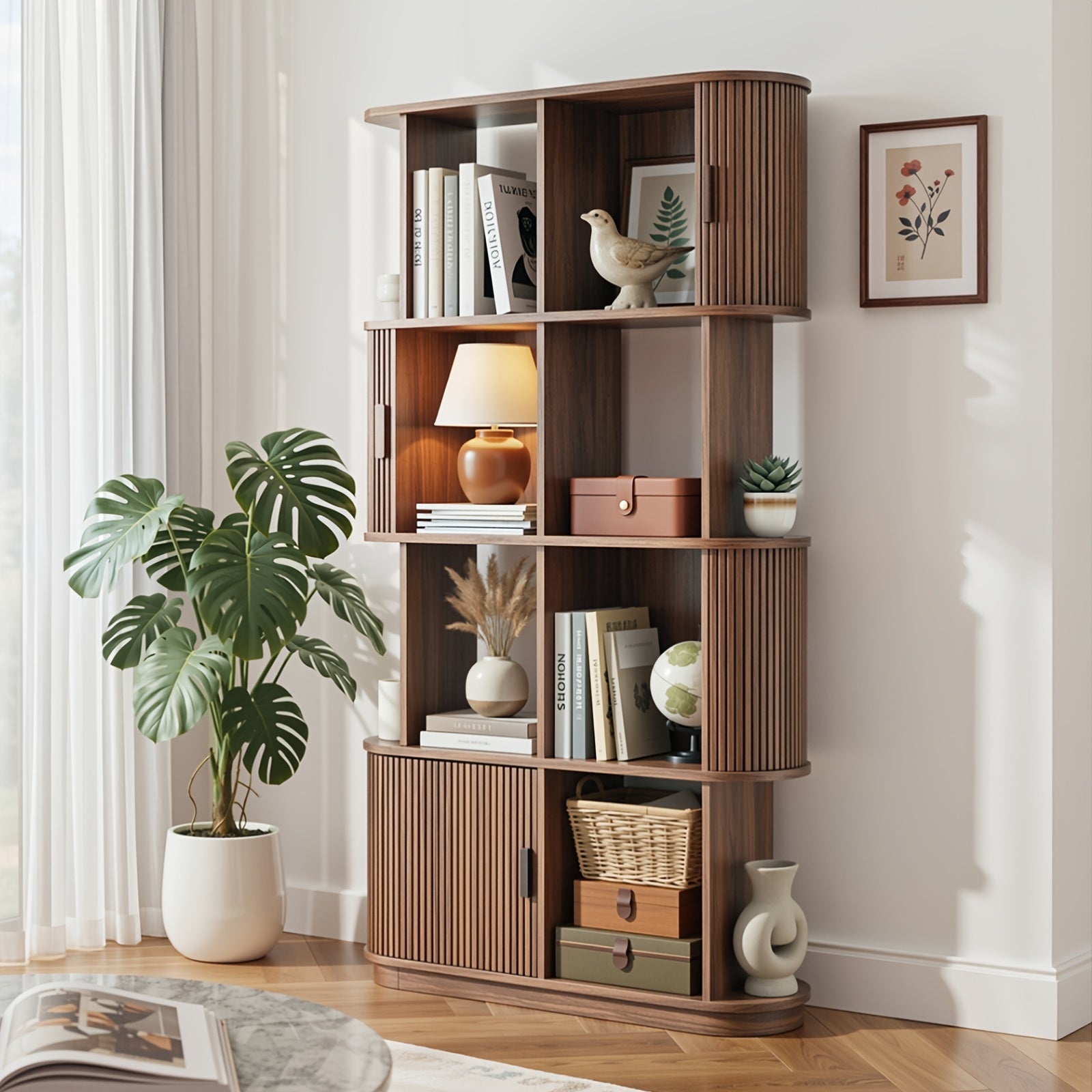 71-Inch Four-Tier Open Bookshelf, Modern Style Sliding Door Storage Shelf, Multifunctional Bookcase Suitable for Offices, Studies, And Living Rooms