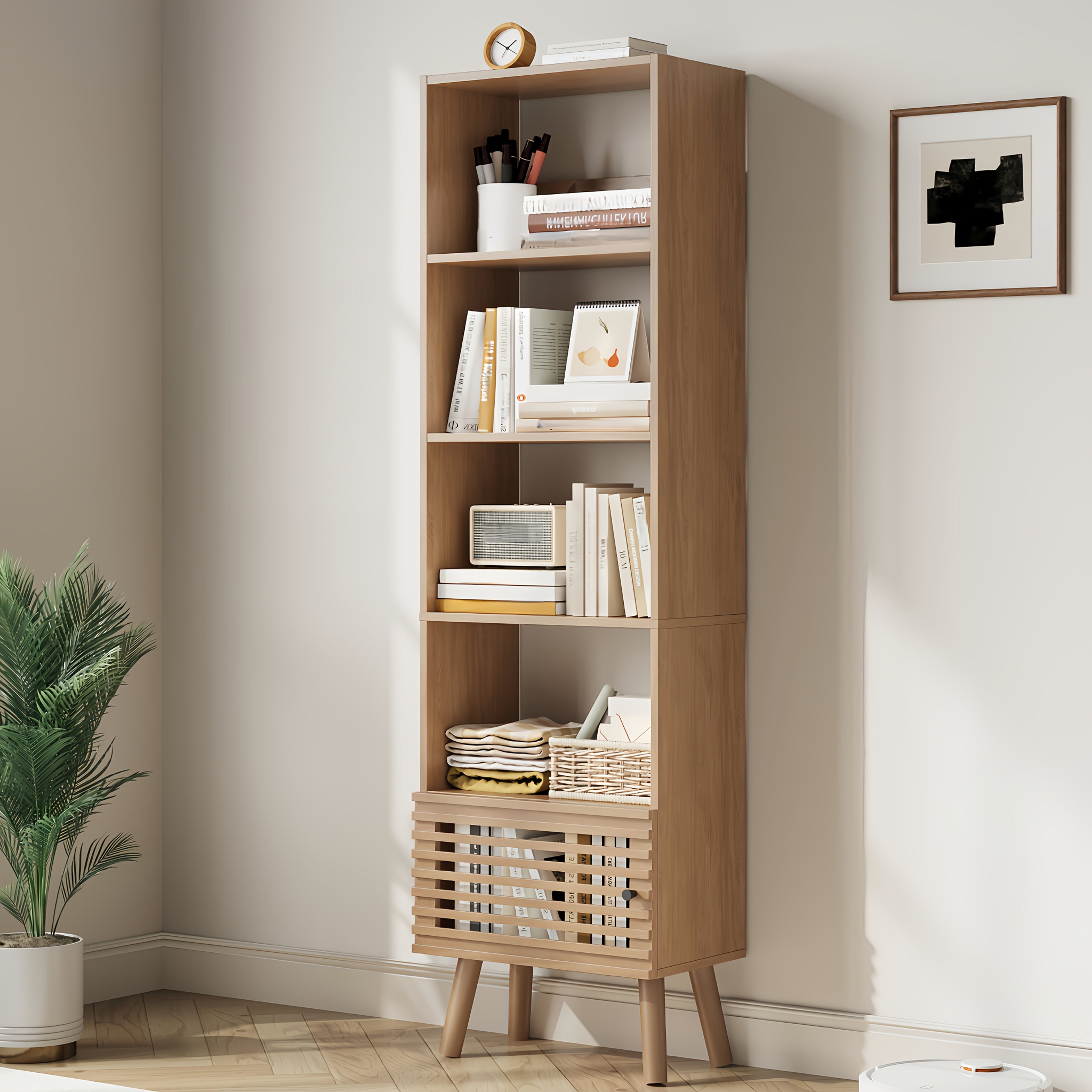 5-Cube Modern Narrow Corner Bookcase with Slatted Door - 68\