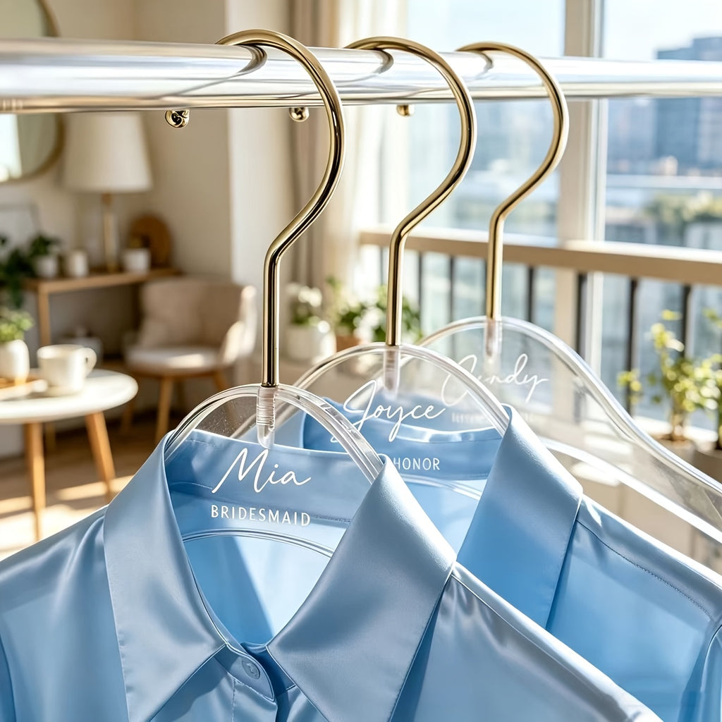 Custom Acrylic Hangers, Engravable with Names and Anniversary Messages, Set of 10. Sturdy and Durable, with Shoulder Design for Easy Hanging of Dresses, Coats, Jackets, Suits, and Other Garments