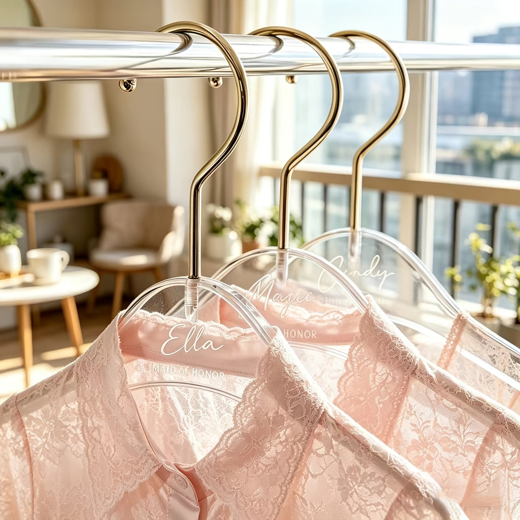 Custom Acrylic Hangers, Engravable with Names and Anniversary Messages, Set of 10. Sturdy and Durable, with Shoulder Design for Easy Hanging of Dresses, Coats, Jackets, Suits, and Other Garments