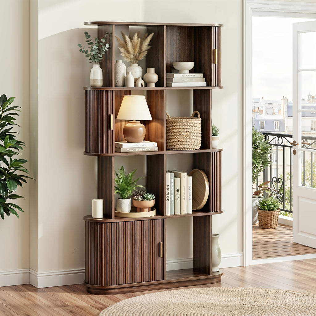 71-Inch Four-Tier Open Bookshelf, Modern Style Sliding Door Storage Shelf, Multifunctional Bookcase Suitable for Offices, Studies, And Living Rooms