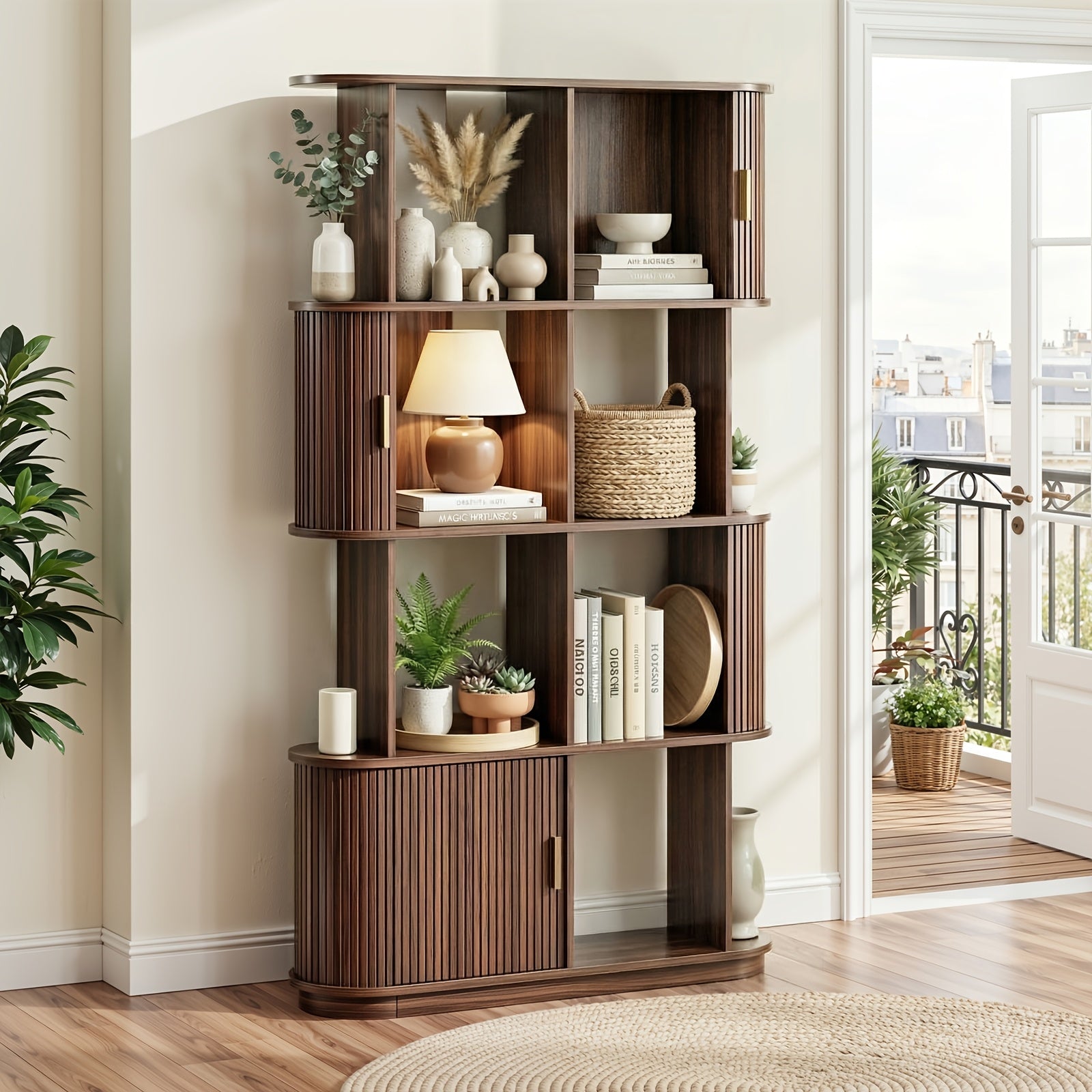 71-Inch Four-Tier Open Bookshelf, Modern Style Sliding Door Storage Shelf, Multifunctional Bookcase Suitable for Offices, Studies, And Living Rooms