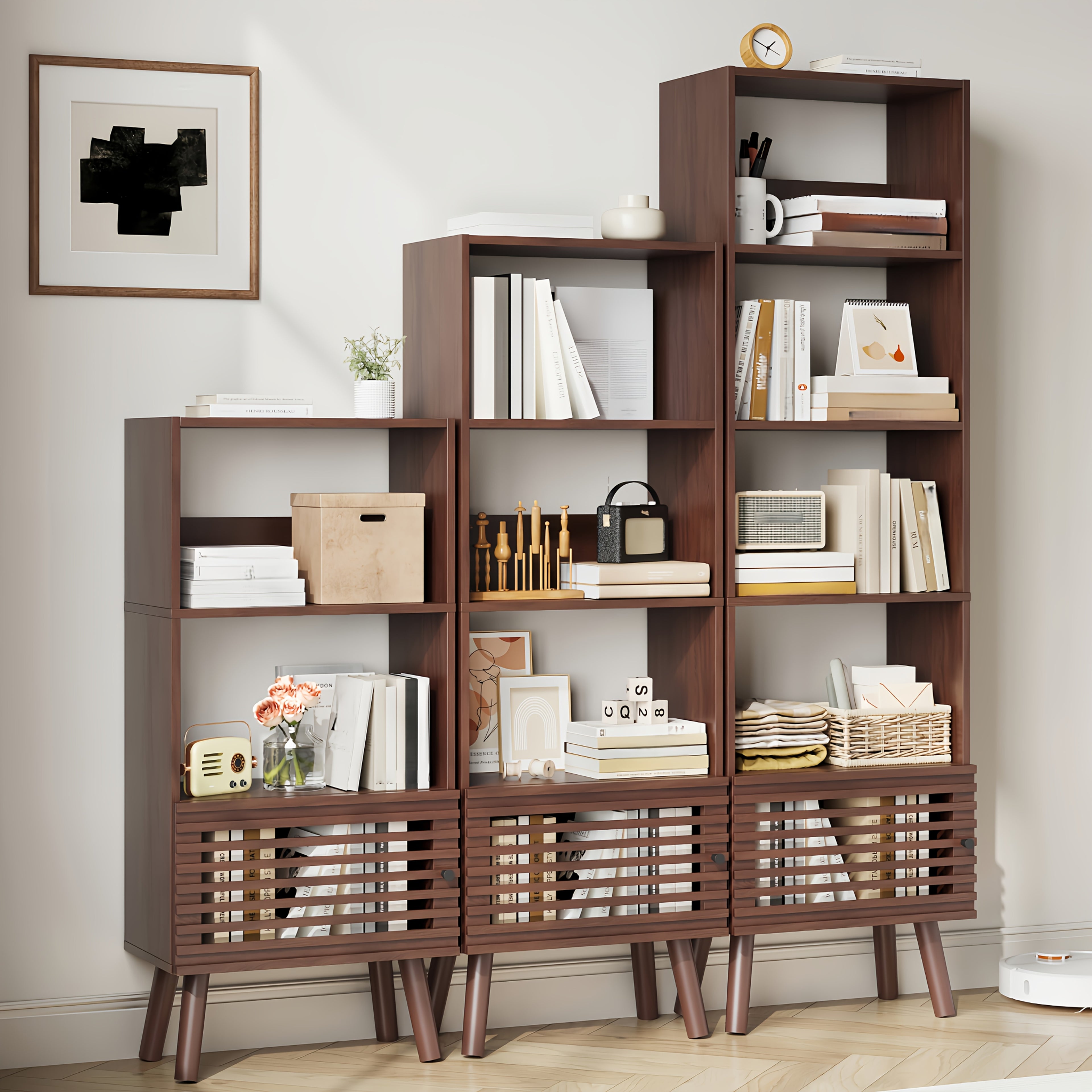 5-Cube Modern Narrow Corner Bookcase with Slatted Door - 68\
