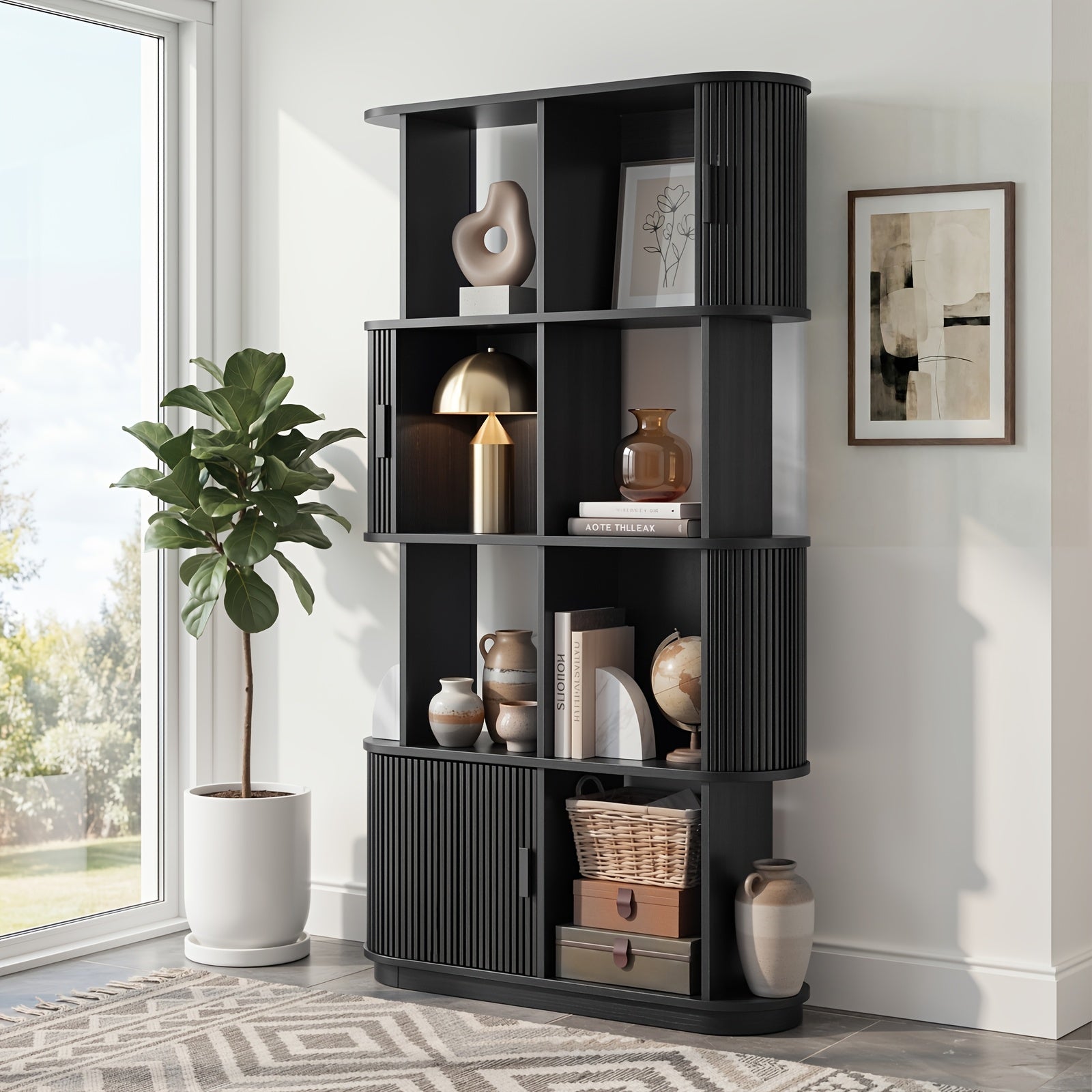71-Inch Four-Tier Open Bookshelf, Modern Style Sliding Door Storage Shelf, Multifunctional Bookcase Suitable for Offices, Studies, And Living Rooms