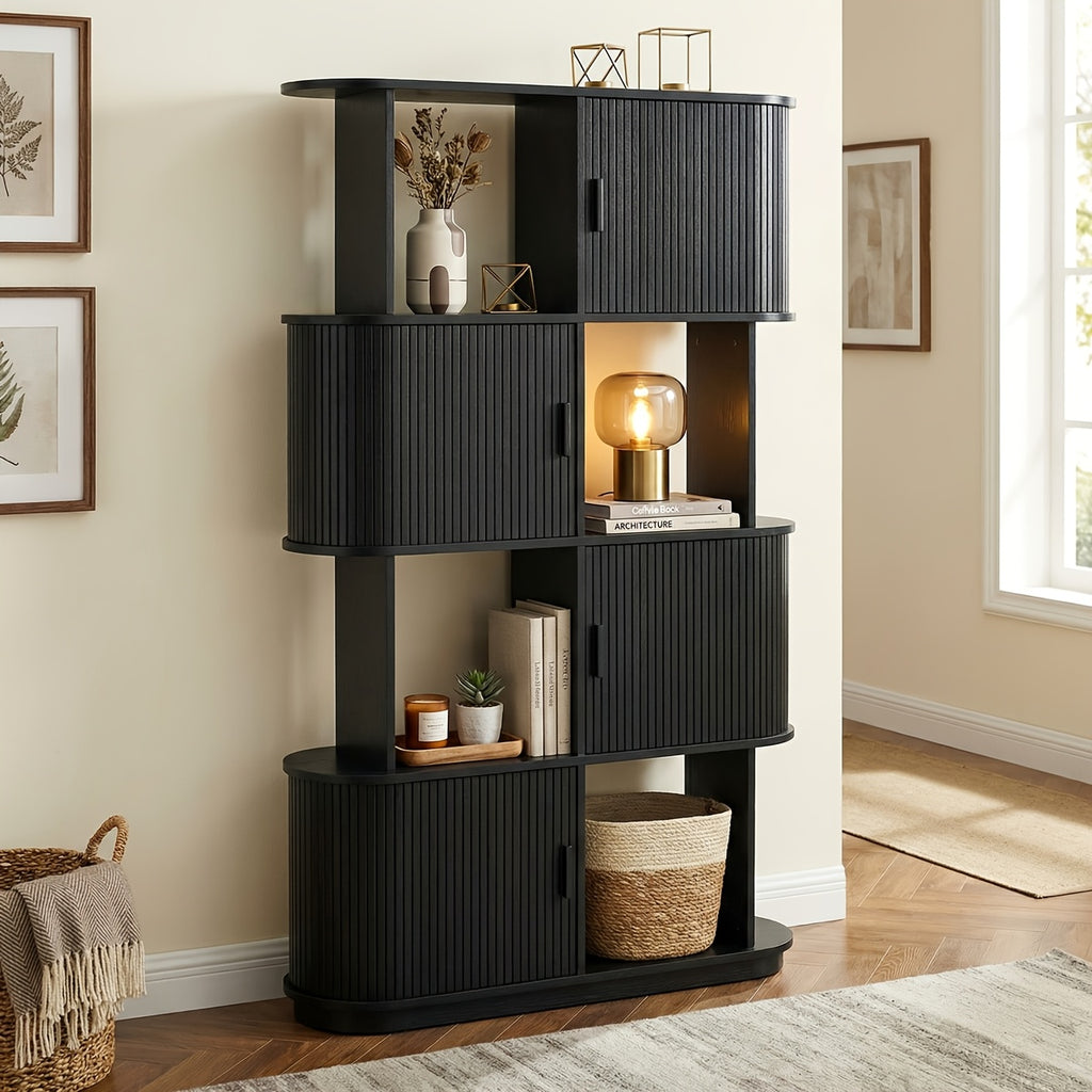 71-Inch Four-Tier Open Bookshelf, Modern Style Sliding Door Storage Shelf, Multifunctional Bookcase Suitable for Offices, Studies, And Living Rooms