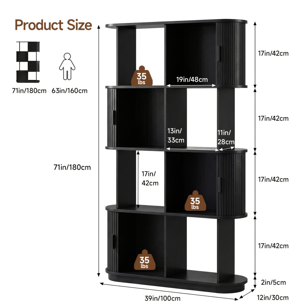 71-Inch Four-Tier Open Bookshelf, Modern Style Sliding Door Storage Shelf, Multifunctional Bookcase Suitable for Offices, Studies, And Living Rooms